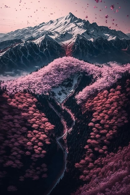 山脈を背景にした山の絵