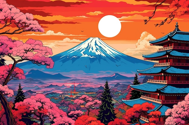 A painting of a mountain with a pagoda in the foreground generative ai