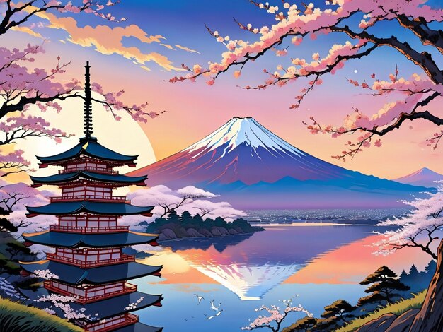 Photo a painting of a mountain with a pagoda in the foreground