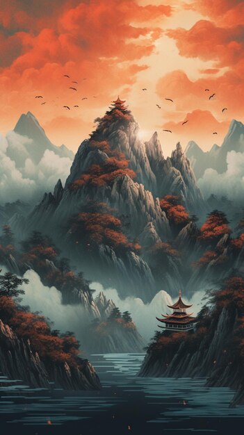 Painting of a mountain with a pagoda in the middle of it generative ai