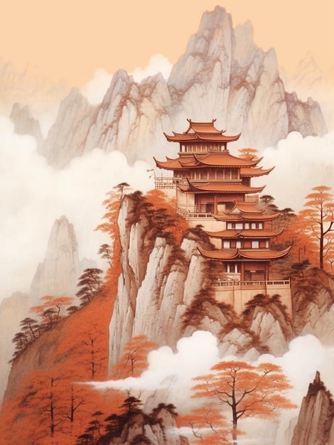 Painting of a mountain with a pagoda in the middle of it generative ai