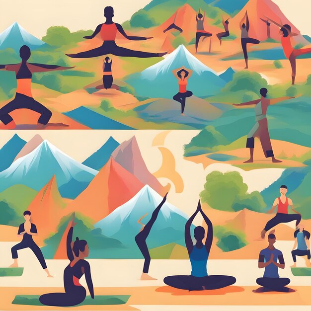 Photo a painting of a mountain with a picture of people doing yoga