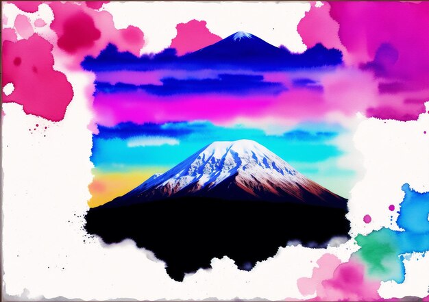 A painting of a mountain with a pink sky and the words mt. fuji on it.