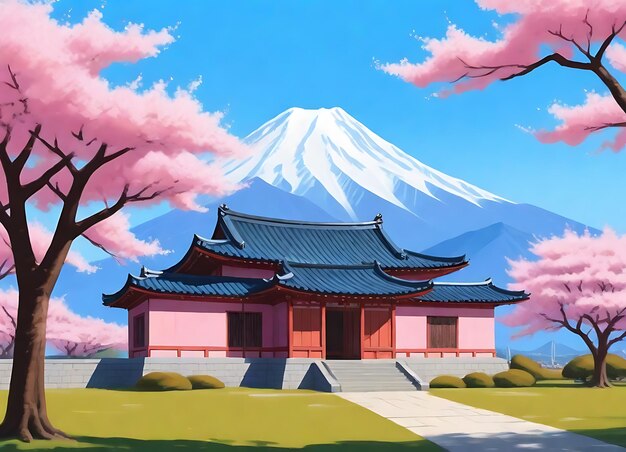 핑크색과 색의 산을 배경으로 한 산의 그림