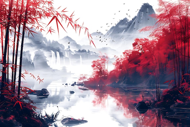 a painting of a mountain with a red tree in the background