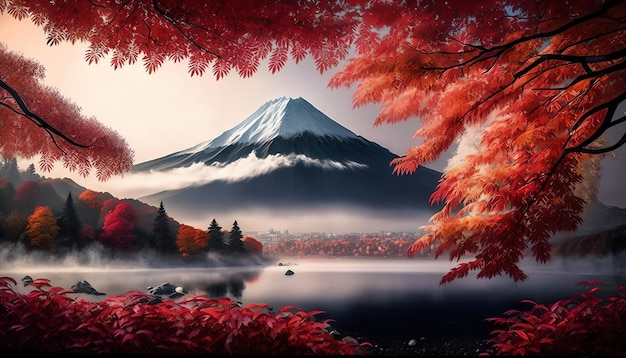 前景に赤い木があり、背景に湖がある山の絵。
