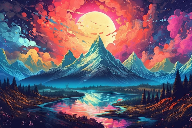 A painting of a mountain with a river and a full moon generative ai