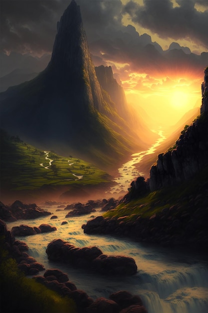 Painting of a mountain with a river running through it generative ai