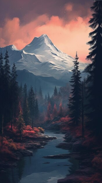 Painting of a mountain with a river and trees in the foreground generative ai