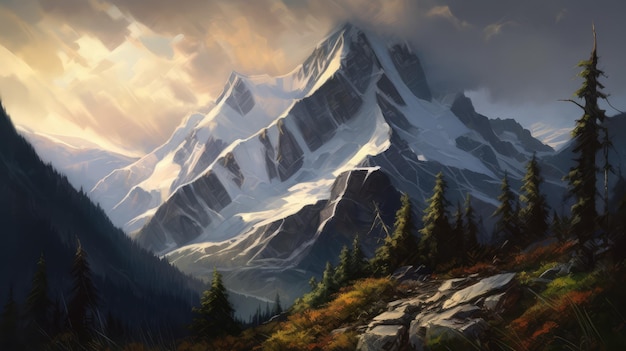 A painting of a mountain with snow on the top