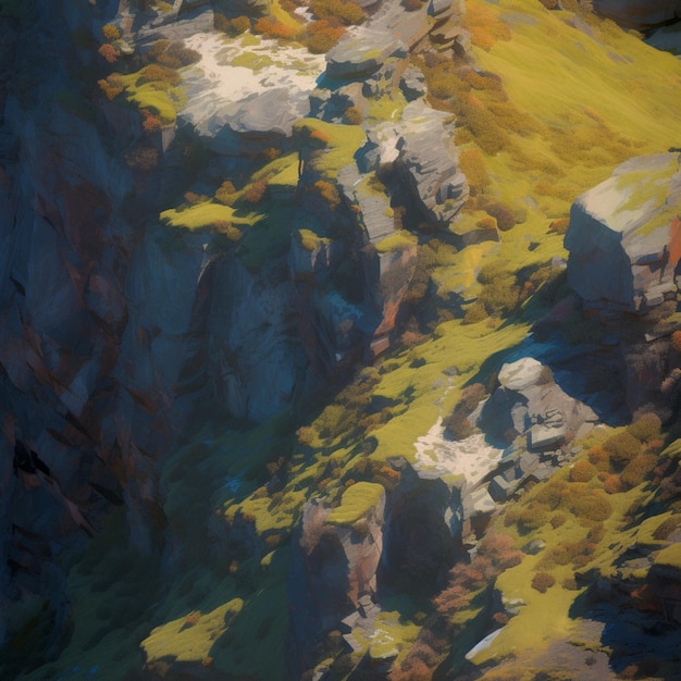 painting of a mountain with a steep cliff and a bird flying over it generative ai