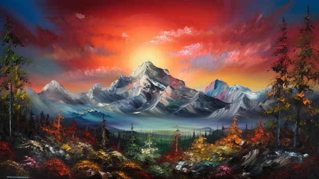 A painting of a mountain with the sun setting behind it