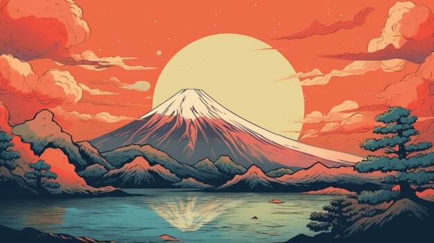 Photo a painting of a mountain with the sun setting behind it