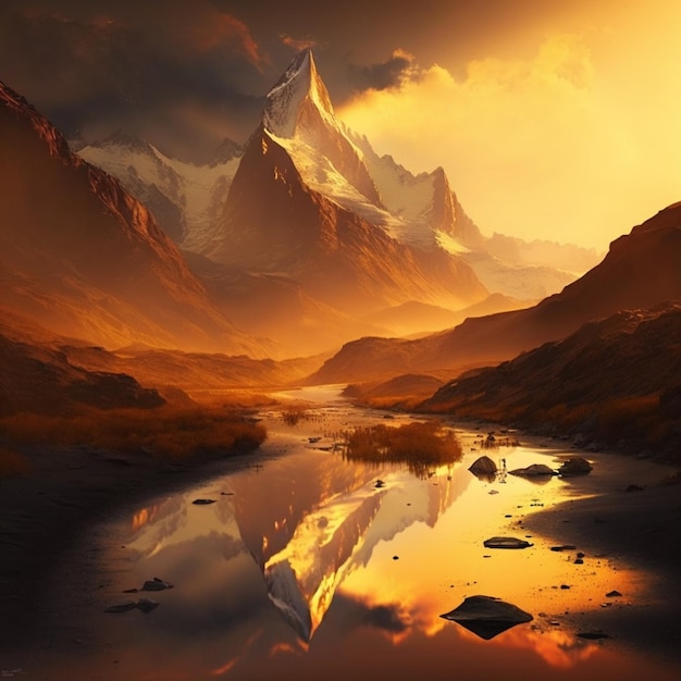 A painting of a mountain with the sun setting behind it