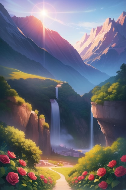 A painting of a mountain with the sun shining on it