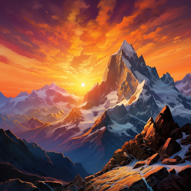 Photo a painting of a mountain with a sunset in the background