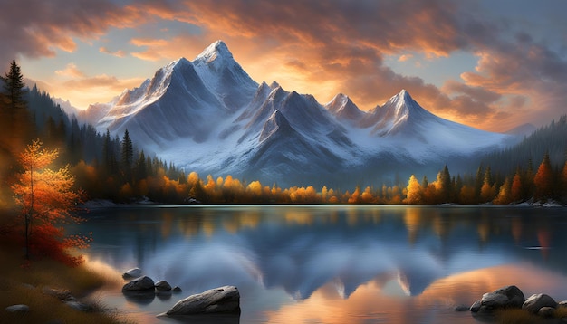 a painting of a mountain with a sunset in the background