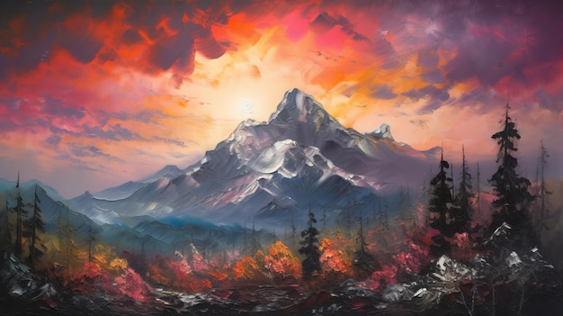 A painting of a mountain with a sunset in the background.