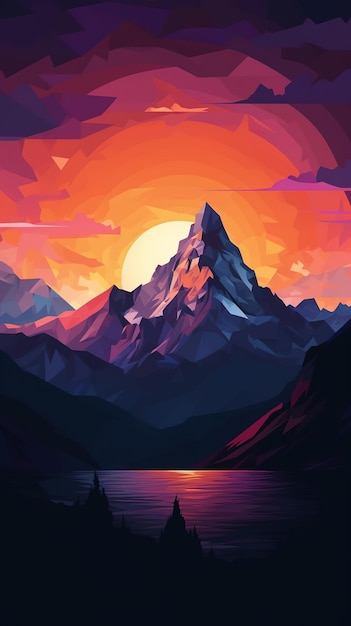 A painting of a mountain with a sunset in the background.