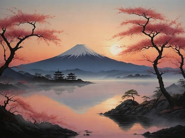 背景に日没を描いた山の絵画
