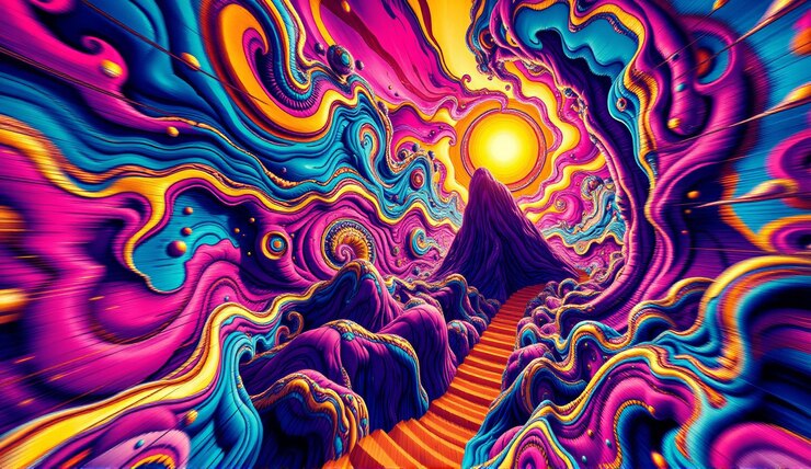 Photo a painting of a mountain with a sunset