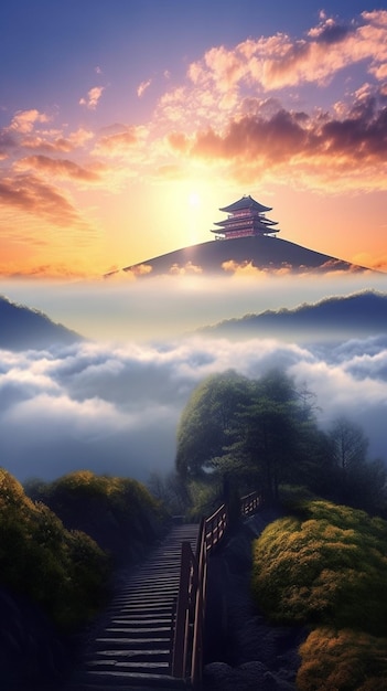 A painting of a mountain with a temple on it