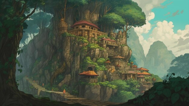 a painting of a mountain with a temple in the middle of it.