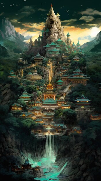 A painting of a mountain with a temple in the middle