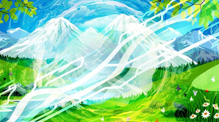 Photo 緑色のタイトルが書かれた山の絵画