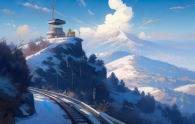 A painting of a mountain with a train on it AI generative image