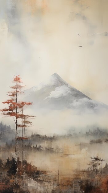 a painting of a mountain with a tree and mountains in the background.