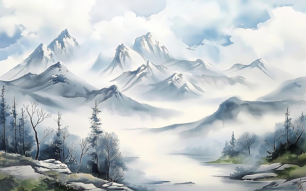 A painting of a mountain with trees and mountains in the background