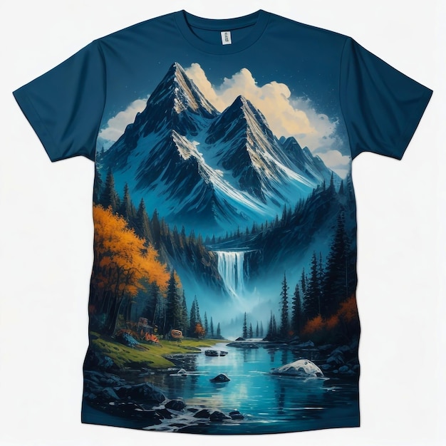 painting of a mountain with trees and water printed on a tshirt