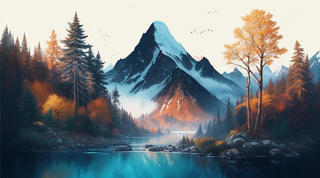 Картина горы с деревьями и водой