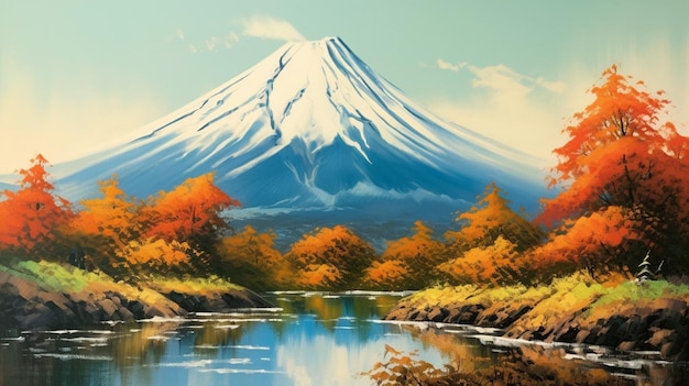 A painting of a mountain with a volcano in the background