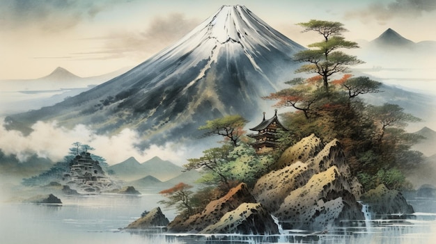 A painting of a mountain with a volcano in the background