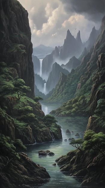 A painting of a mountain with a waterfall in the background.