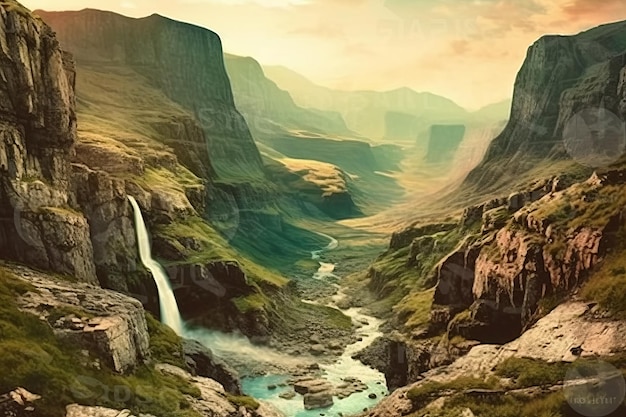 A painting of a mountain with a waterfall in the middle