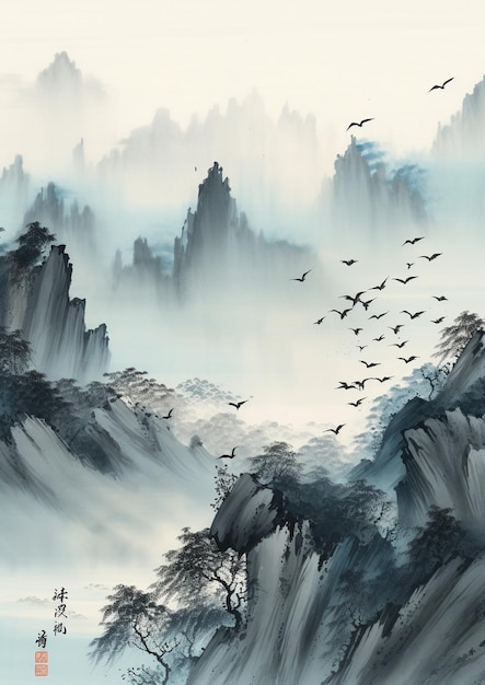 A painting of mountains and birds in the fog