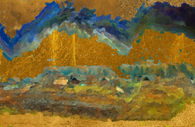 A painting of mountains in blue and gold