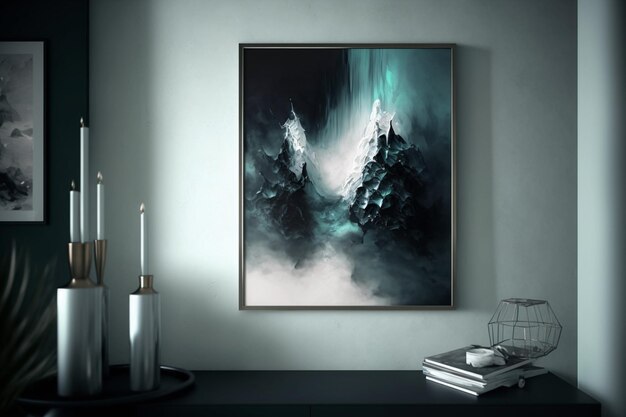 A painting of mountains and a candle are hanging on a wall.