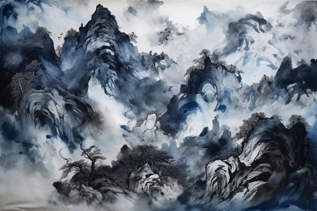 A painting of mountains and clouds with a bird flying above it