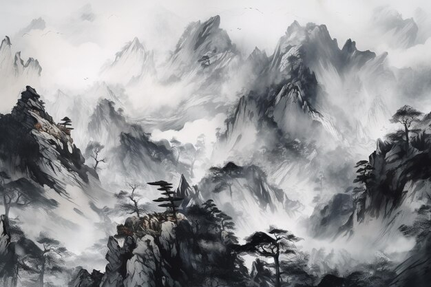 A painting of mountains and clouds with a mountain in the background