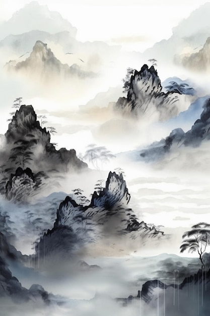 A painting of mountains and clouds with a mountain in the background.