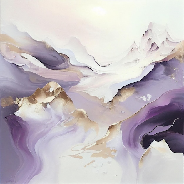 A painting of mountains and clouds with purple and gold paint.