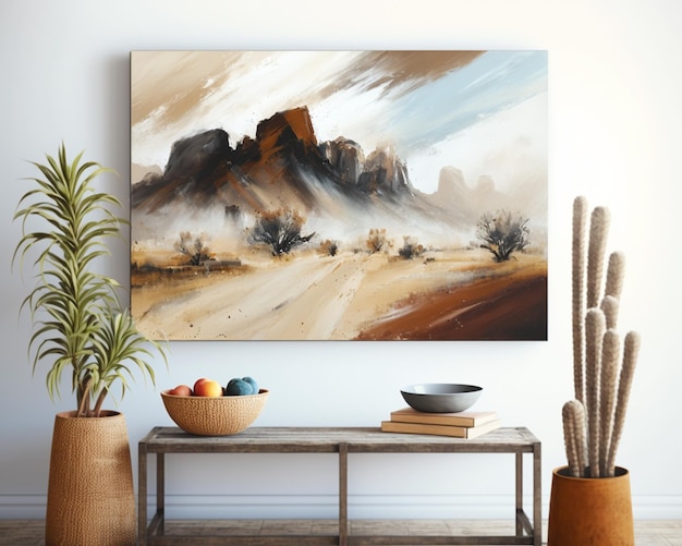 A painting of mountains in a desert setting.