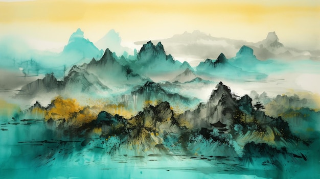 A painting of mountains in a foggy sky.