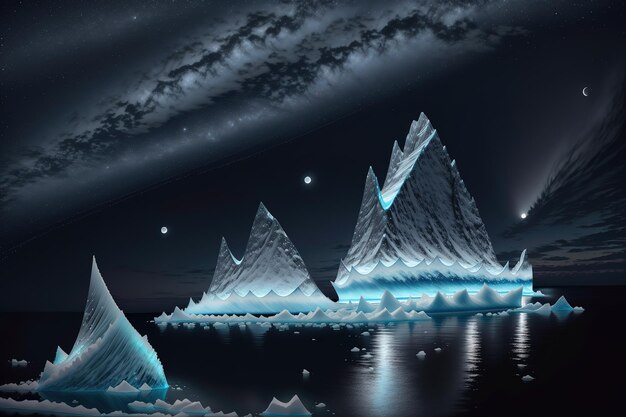 A painting of mountains and icebergs in the ocean.