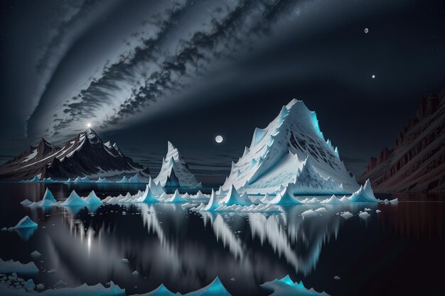 A painting of mountains and icebergs with a starry sky above them.