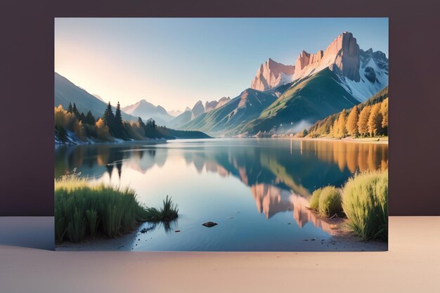 A painting of mountains and a lake with a blue sky in the background.